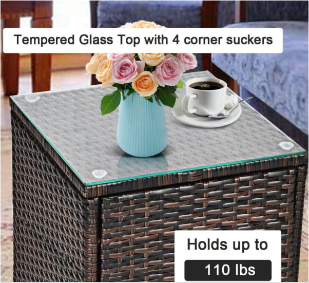 3Pcs Patio Rattan Furniture Set Cushioned Sofa and Glass Tabletop Deck-Navy (Assembled)