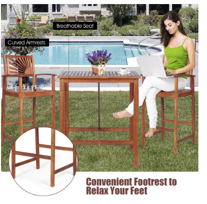 3PCS Bar Set Acacia Wood Bar Height Patio Bistro Dining Set Outdoor (Assembled)