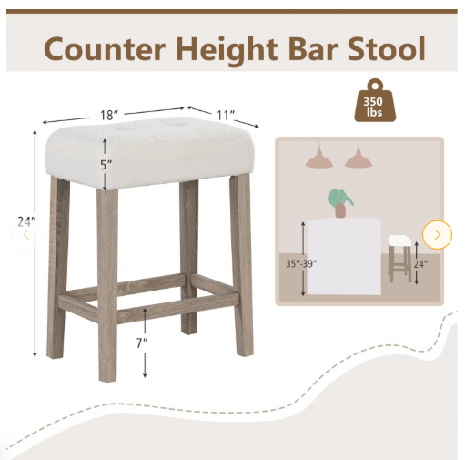Set of 2 - Modern Counter Height Bar Stools with Rubber Wood Legs, BEIGE