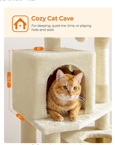 (Unassembled) - Cat Condo, cat  tree, 61-Inch Cat Tower with 5 Scratching Posts, 2 Perches, 2 Caves, Hammock, 2 Pompoms, Beige (1 Box, Unassembled)