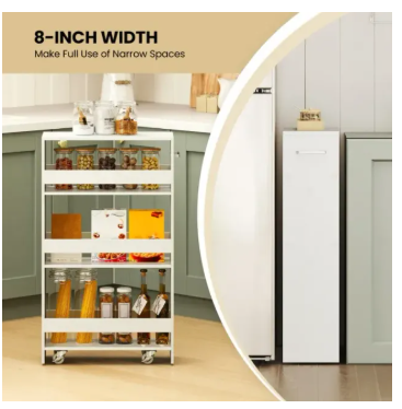 4-Tier Rolling Storage Cart Slim Kitchen Cart on Wheels with Open Shelves and Handle- White (Assembled)