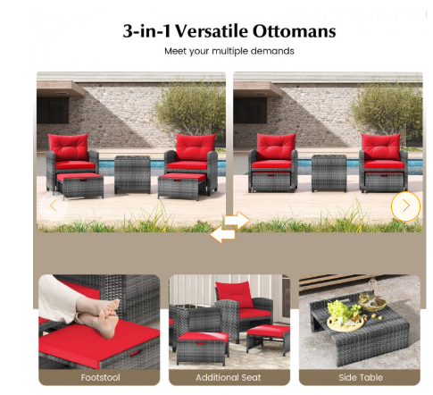 5 Piece Patio Rattan Furniture with 2 Ottomans and Tempered Glass Coffee Table-RED (Fully Assembled)