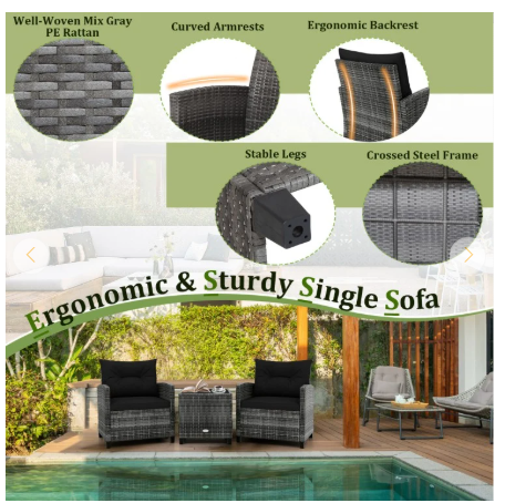 3 Pieces Outdoor Wicker Conversation Set with Tempered Glass Tabletop-Black (Assembled)