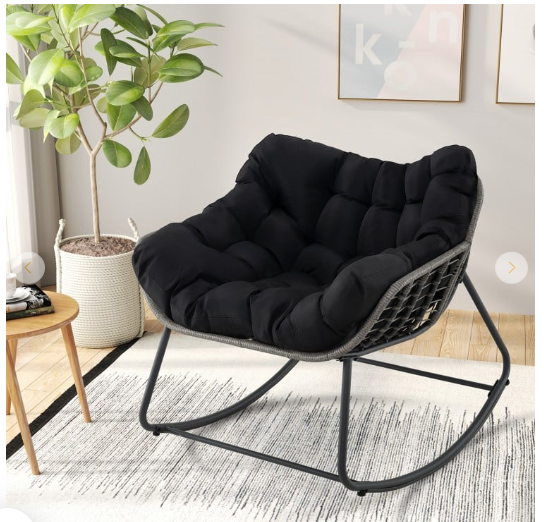 Outdoor Rocking Chair Oversized Patio PE Wicker Egg Chair with Cushion - Black