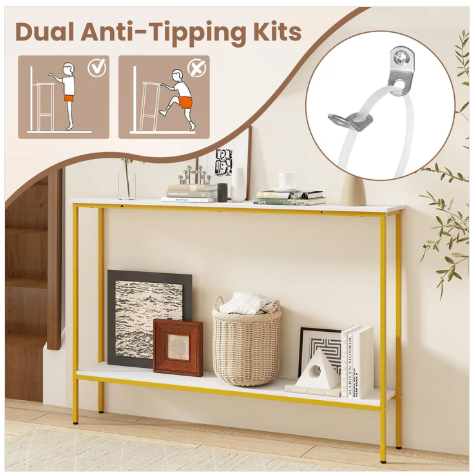 White/Gold Console Table with Shelf, 44" Narrow Entryway Table  (Fully Assembled)