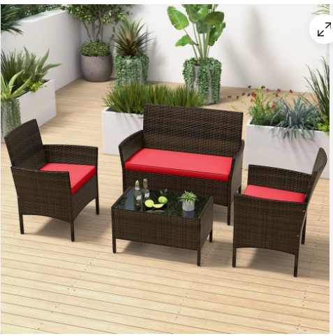 4 Piece Patio Rattan Conversation Set with Cozy Seat Cushions-RED  (Assembled)