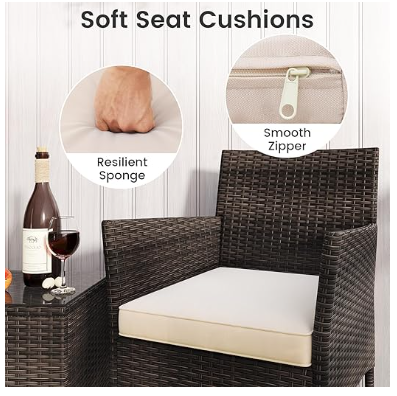 3Pcs Patio Rattan Furniture Set Cushioned Sofa and Glass Tabletop Deck-Beige (Assembled)