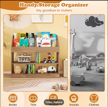 3-Tier Kid's Bookshelf Toy Storage Organizer with Display Rack and 4 Compartments (Assembled)