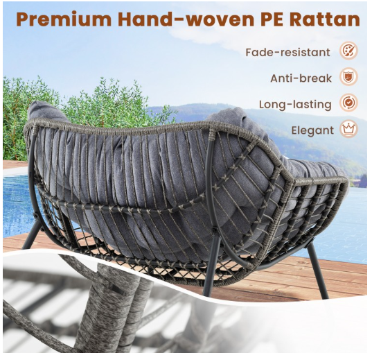 Outdoor Rocking Chair Oversized Patio PE Wicker Egg Chair with Cushion-Gray (Assembled)