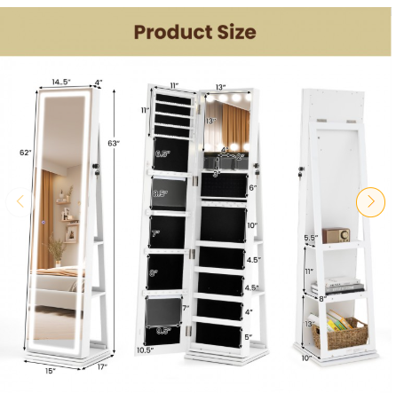 Special - 360° Swivel Freestanding Jewelry Cabinet with Lighted Full Length Mirror - Assembled