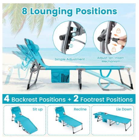 Portable Folding Chaise Lounge Chair with 4-Position Adjustable Backrest -Turquoise