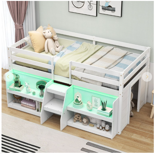 Twin Size Loft Bed with LED Lights with Staircase and Safety Guardrail (1 Box)