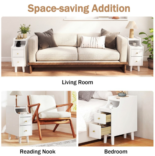 Set of 2 Solid Wood Night Side Table with Pull-out Tray and 2 Storage Drawers - White