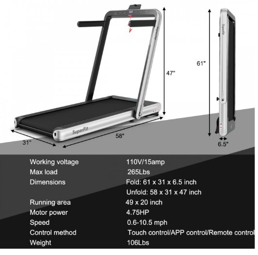*CLEARANCE SPECIAL* 4.75HP 2 In 1 Folding Treadmill with Remote APP Control-Silver (I Box) (Copy)