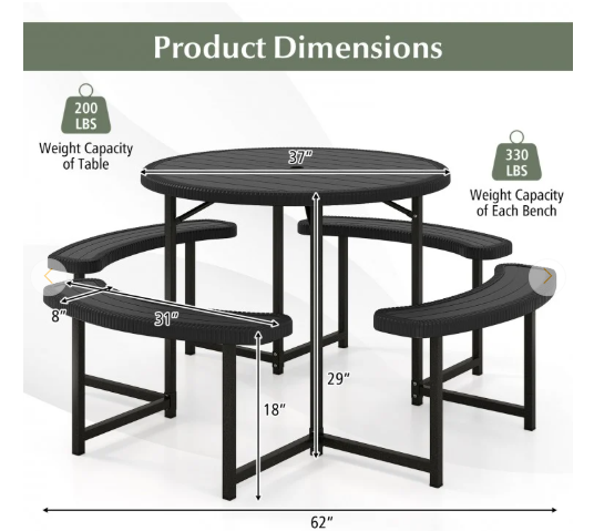 Round Picnic Table Bench Set with 4 Benches and Umbrella Hole for Patio Lawn (Assembled)