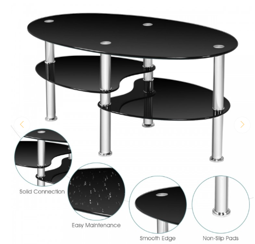 Tempered Glass Oval Side Coffee Table-Black (Scratch and Dent)
