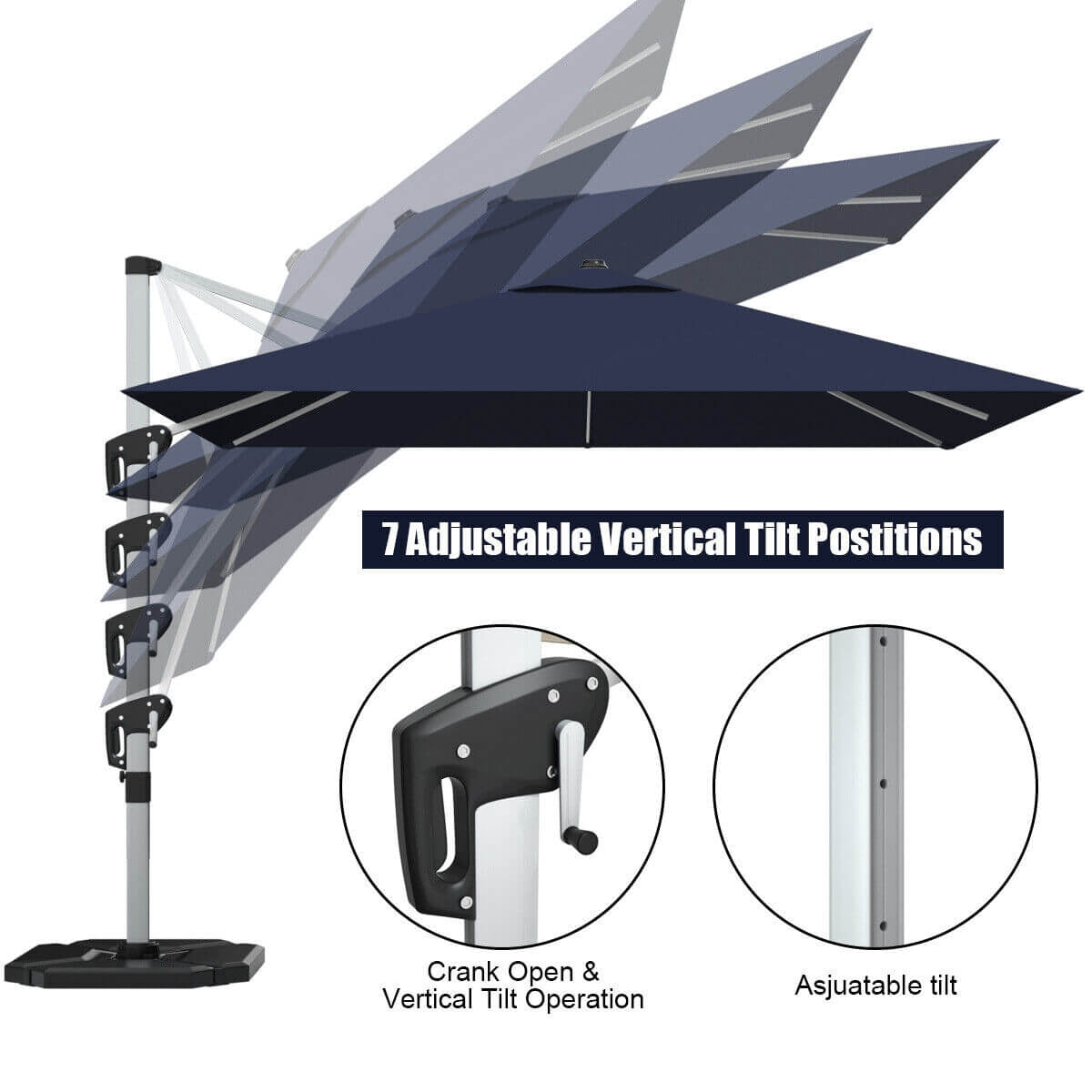 10 Feet 360° Tilt Aluminum Square Patio Umbrella without Weight Base-Navy, 1 box