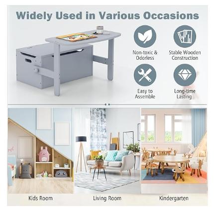 Kids Table and Chair Set, 3 in 1 Convertible Wooden Toy Storage Bench, Grey (Fully Assembled)