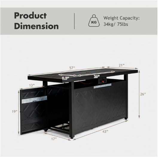 57 Inch 50 000 BTU Rectangular Propane Outdoor Fire Pit Table-Black (Scratch and Dent)