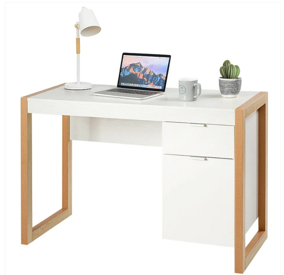 Modern Computer Desk Study Table Writing Workstation with Cabinet and Drawer-White (Fully Assembled)