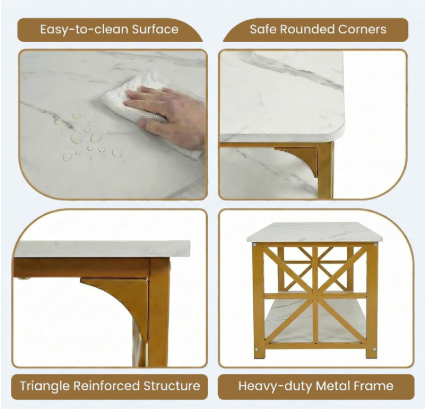 43" 2-Tier Coffee Table with Storage, White+Gold