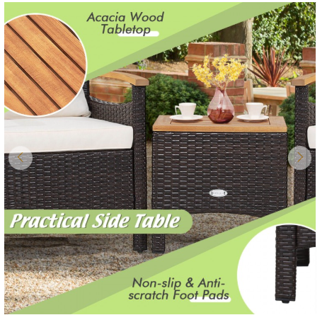 3 Pieces Patio Rattan Conversation Set with Removable Cushion - Assembled