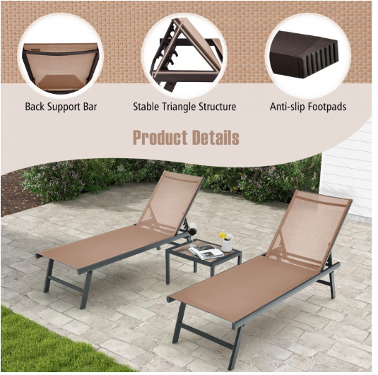 3 Pieces Patio Chaise Lounge Chair and Table Set for Poolside Yard-Brown (Shipping Damage) (assembled)