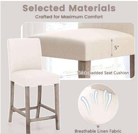 Set of 2 Counter Height Bar Stools with Back and Footrest - Assembled