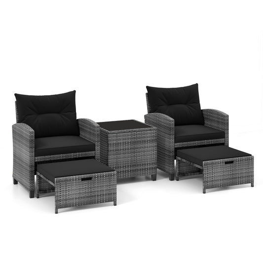 5 Piece Patio Rattan Furniture with 2 Ottomans and Tempered Glass Coffee Table-Black (Assembled)