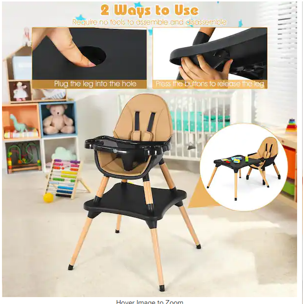 Coffee 5-in-1 Baby High Chair Infant Wooden Convertible Chair 5-Point Seat Belt