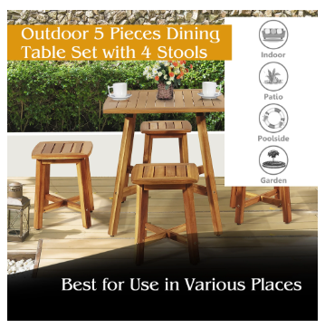 5PCS Acacia Patio Dining Set W/Square Table & 4 Stools Reddish Brown - (Scratch and Dent)