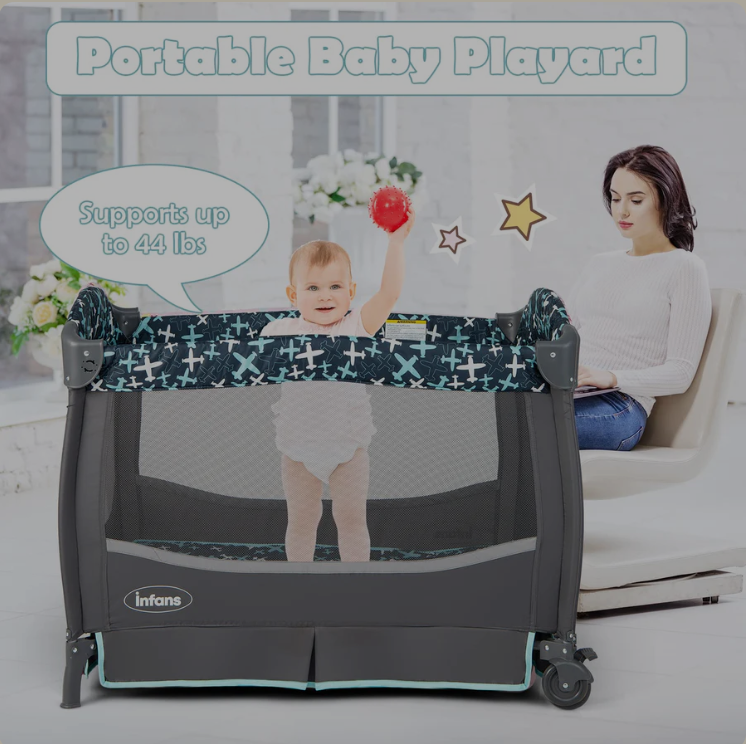 4 in 1 Portable Baby Crib with Flip-Away Changing Table, Foldable Playard Bassinet Nursery Center