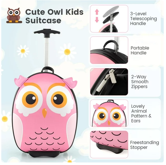2PCS Kids Carry On Luggage Set 16'' Owl Rolling Suitcase with 12'' Backpack Travel Pink