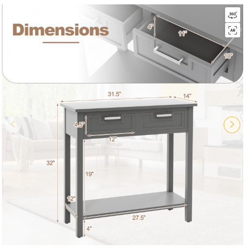 Narrow Console Table with Drawers and Open Storage Shelf-Grey
