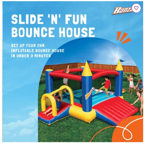Banzai Slide N Fun Inflatable Slide and Bounce House with Soccer Net and Ball with Blower