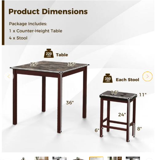 5-Piece Bar Table Set Counter-Height Dining Table and 4 Bar Stools