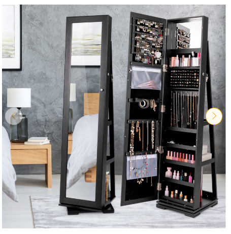 360° Rotatable 2-in-1 Lockable Jewelry Cabinet with Full-Length Mirror (Assembled)