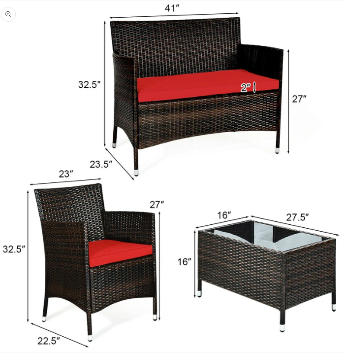 NO TAX SPECIAL, 4 Pieces Comfortable Rattan Outdoor Furniture Set with Glass Table-Red - ASSEMBLED