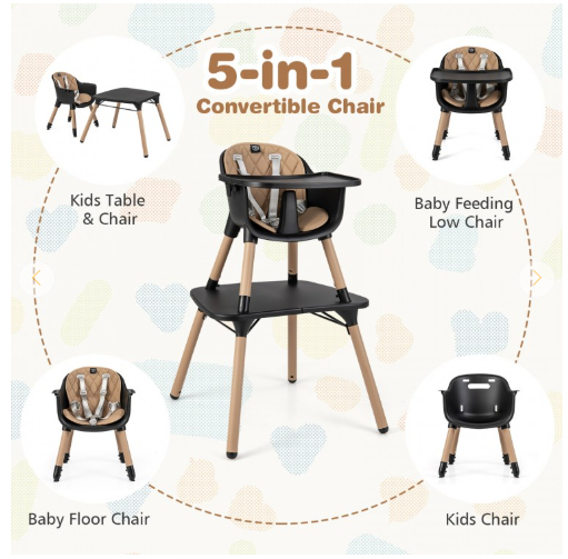 5-in-1 Baby Wooden Convertible High Chair - Black/Coffee