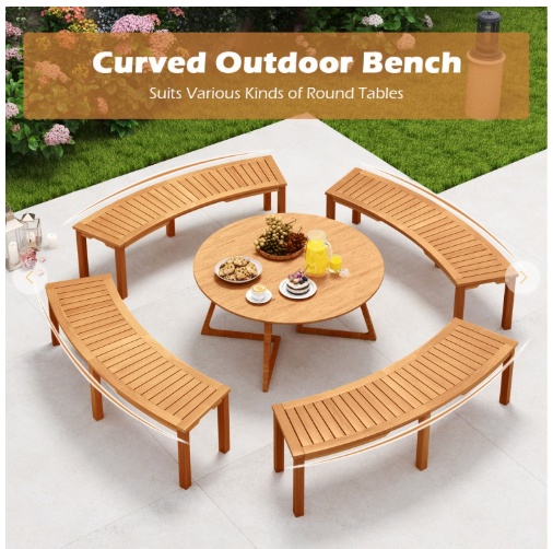 Outdoor Curved Acacia Wood Fire Pit Bench with Slatted Seat (Fully Assembled)