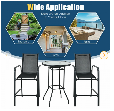3 Pieces Outdoor Patio Bar Table Stool Set-Black (Assembled)