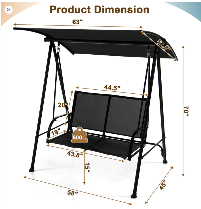 Love Seat Swing with Patio Canopy*UNASSEMBLED/IN BOX* - BLACK- OP70493BK