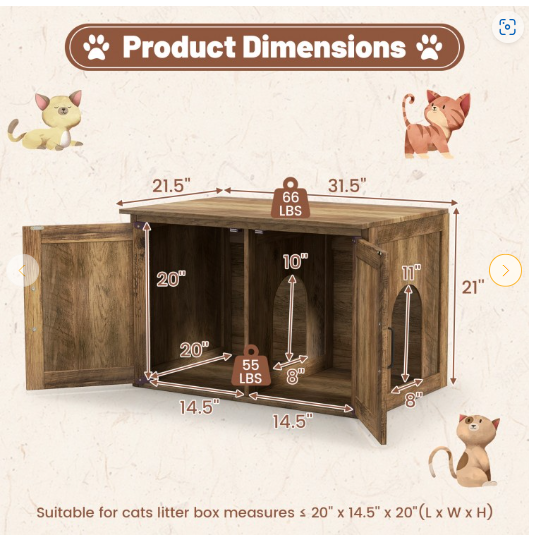 Flip Top Hidden Cat Furniture with Double Barn Doors, and Middle Entry (1 Box, Unassembled)