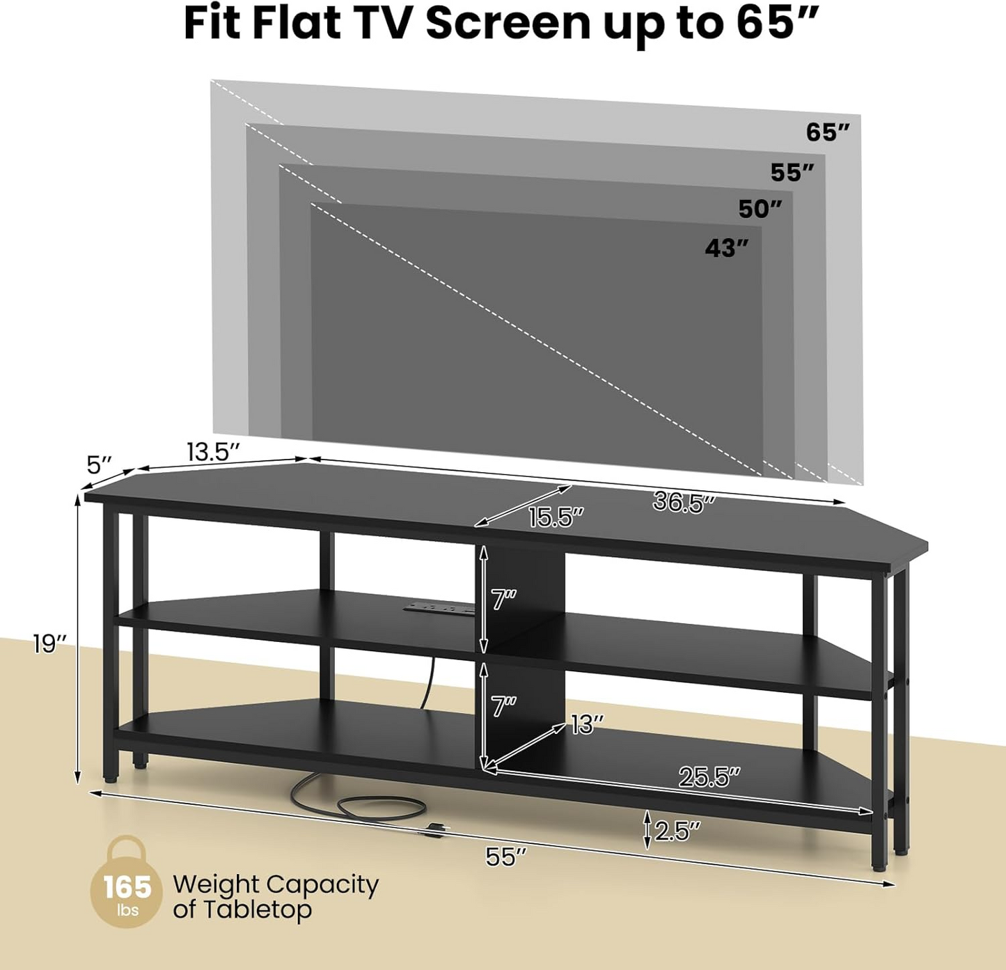 Corner TV Stand for 65 Inch TV, Modern Entertainment Center, ASSEMBLED, TOP IS DAMAGED