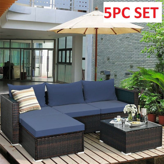 5PCS Patio Rattan Furniture Set Sectional Conversation Sofa w/ Coffee Table Navy, *FULLY ASSEMBLED*