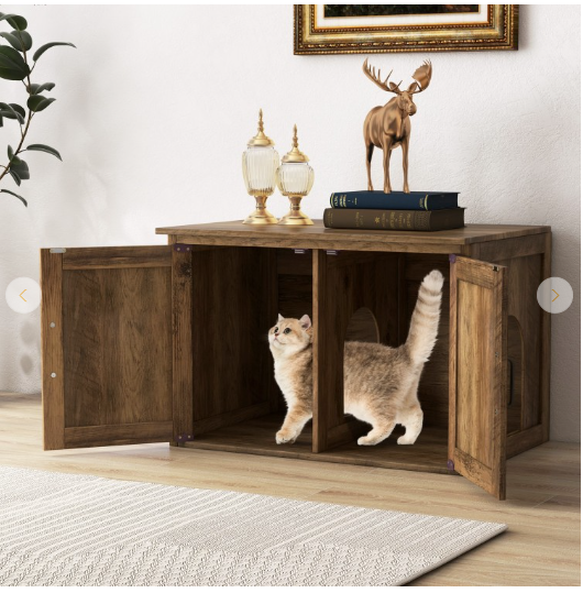 Flip Top Hidden Cat Furniture with Double Barn Doors, and Middle Entry (1 Box, Unassembled)