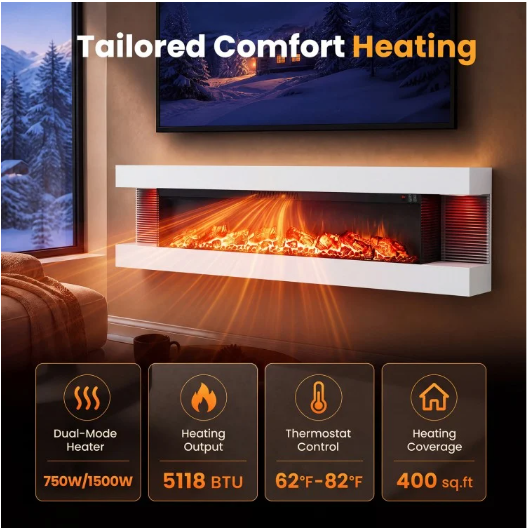 60 Inch 3-Sided Wall Mounted Electric Fireplace (UK Power cord - Requires a 120v adaptor )