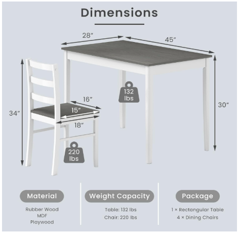 4 Piece Set, Kitchen Table and Chairs, Wood Grain (Grey) (3 Chairs Only)