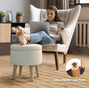 Round Storage Ottoman with Rubber Wood Legs and Adjustable Foot Pads