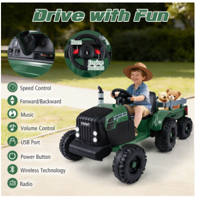 24V Ride On Tractor for Kids with Detachable Trailer-Dark Green (Customer Return)
